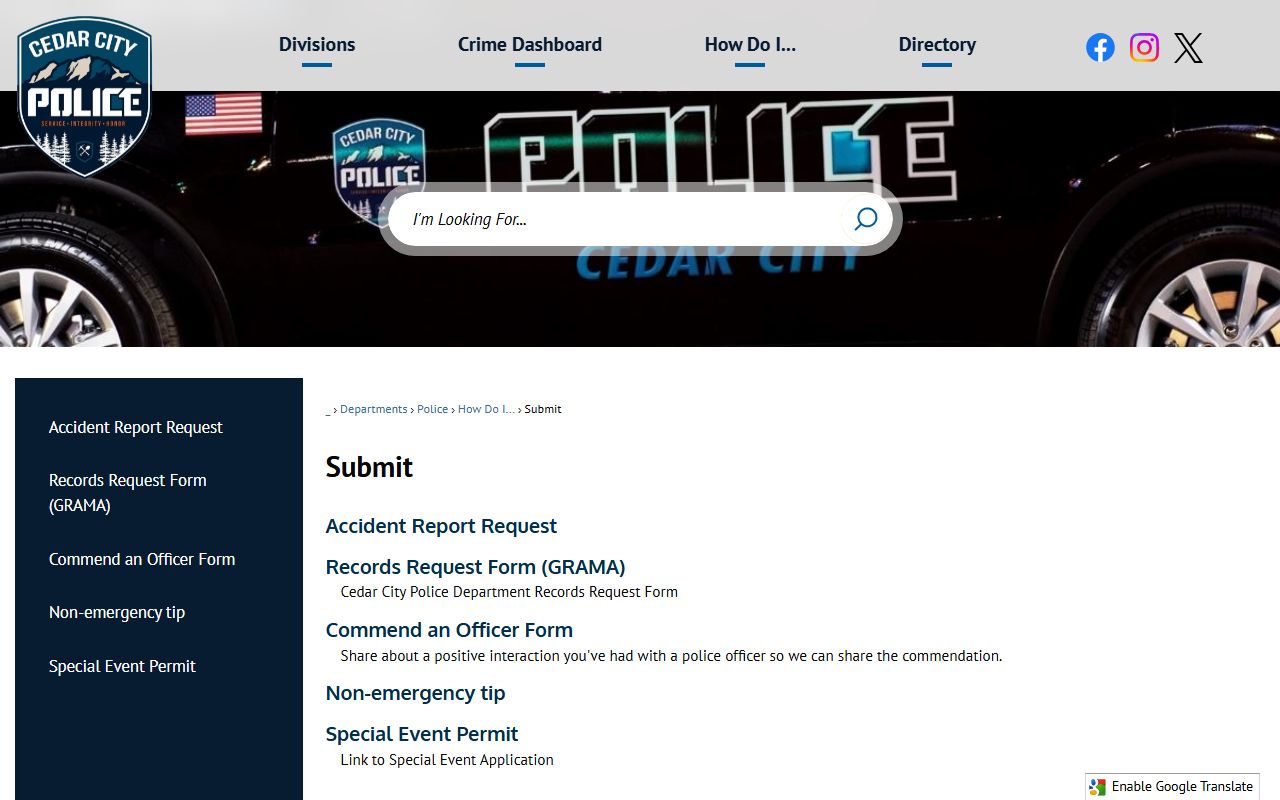 Cedar City criminal history records online submission portal