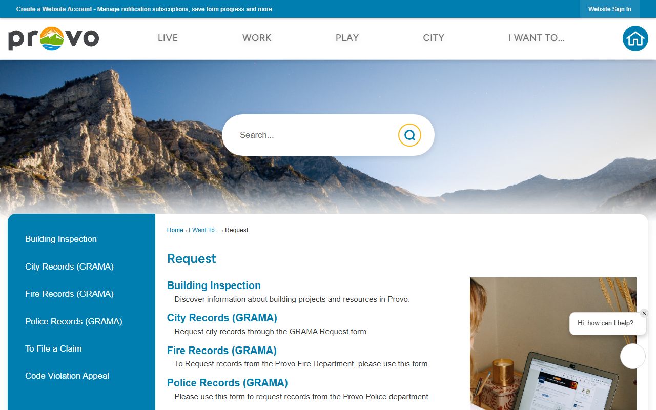 Provo City request page for criminal history records