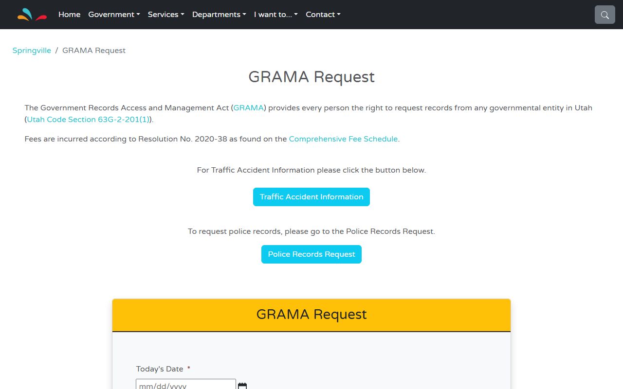 Springville GRAMA request page for criminal records