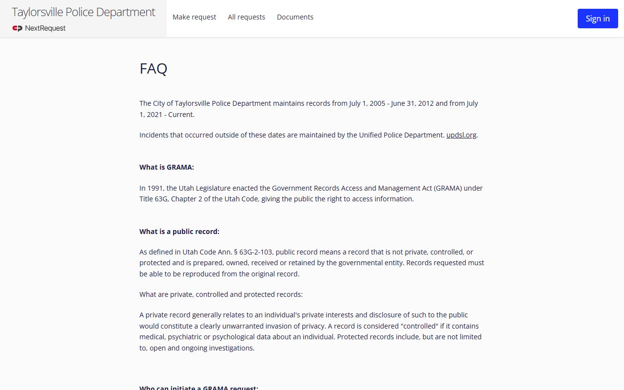 Taylorsville Police Department FAQ for criminal history records requests