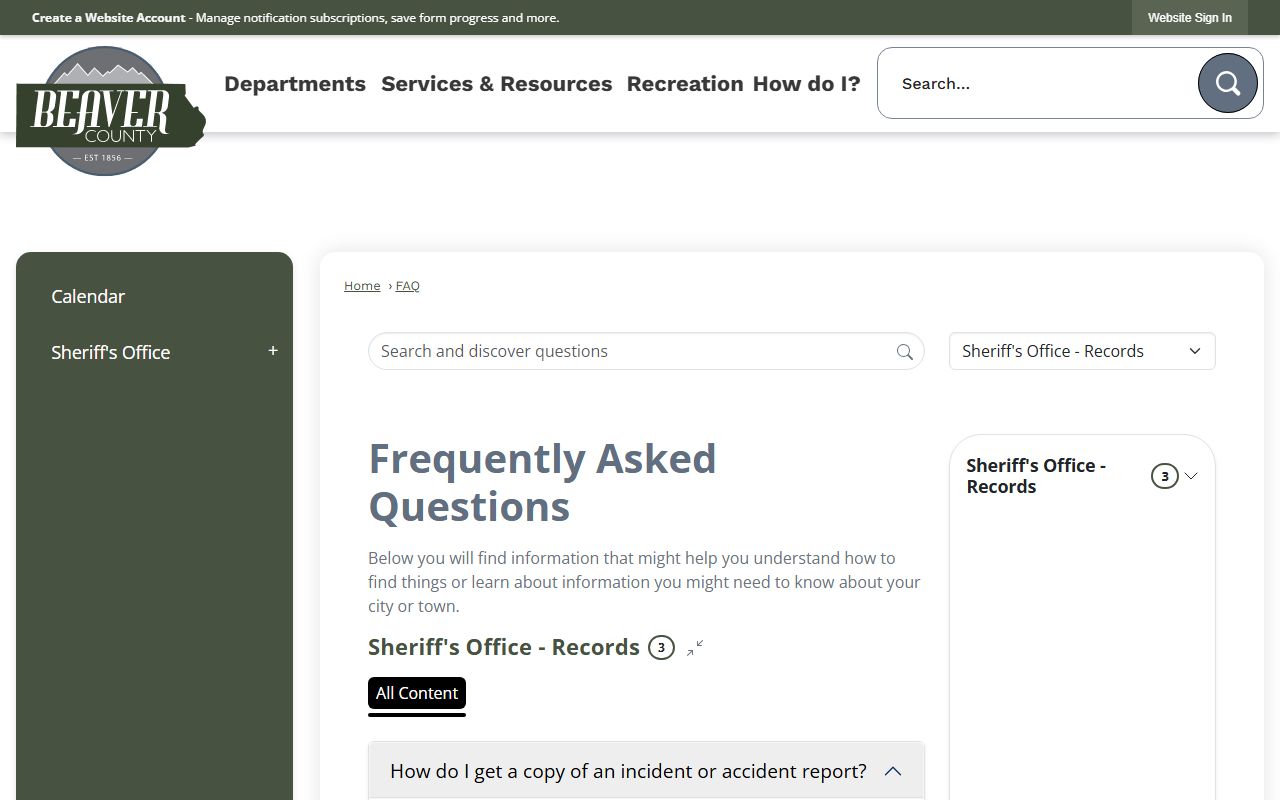 Beaver County criminal history records from the Sheriff's Office
