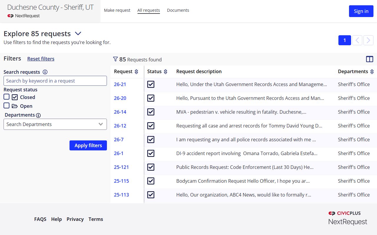 Duchesne County criminal history records - Sheriff NextRequest portal