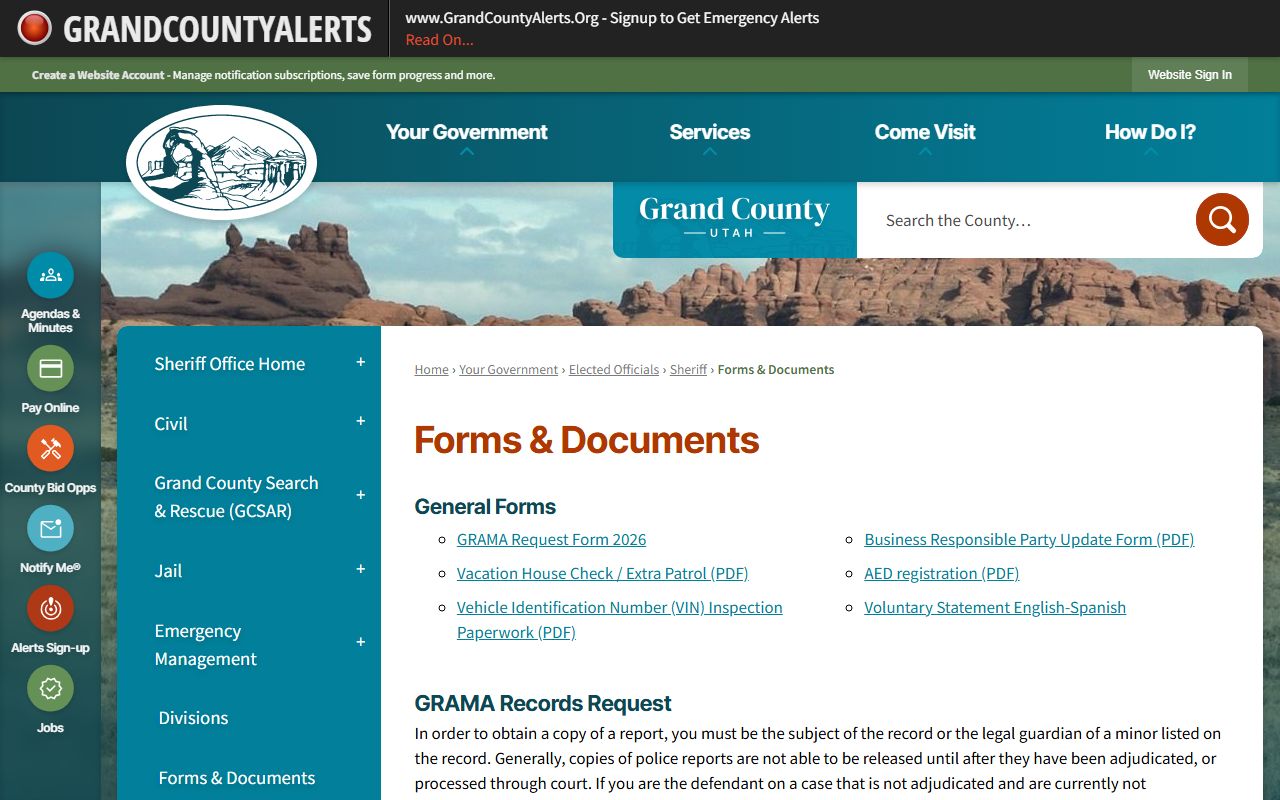 Grand County criminal history records - official GRAMA forms page