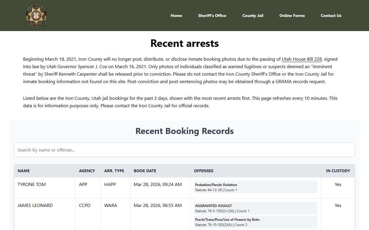 Iron County Sheriff's Office website for criminal history records