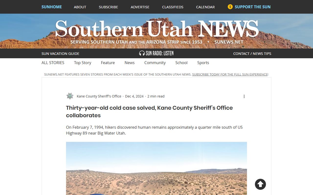 Kane County Sheriff's Office cold case investigation reported by Southern Utah News