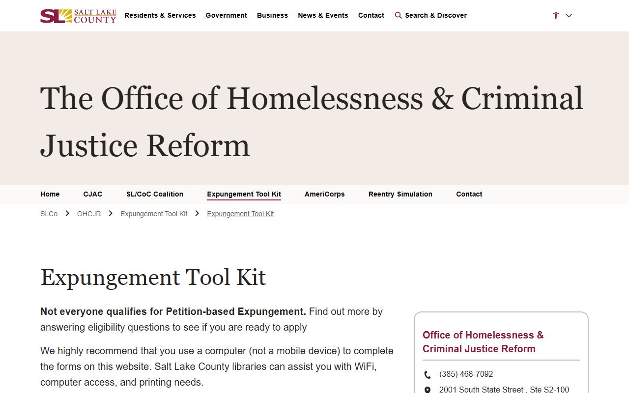 Salt Lake County expungement tool kit for criminal history records