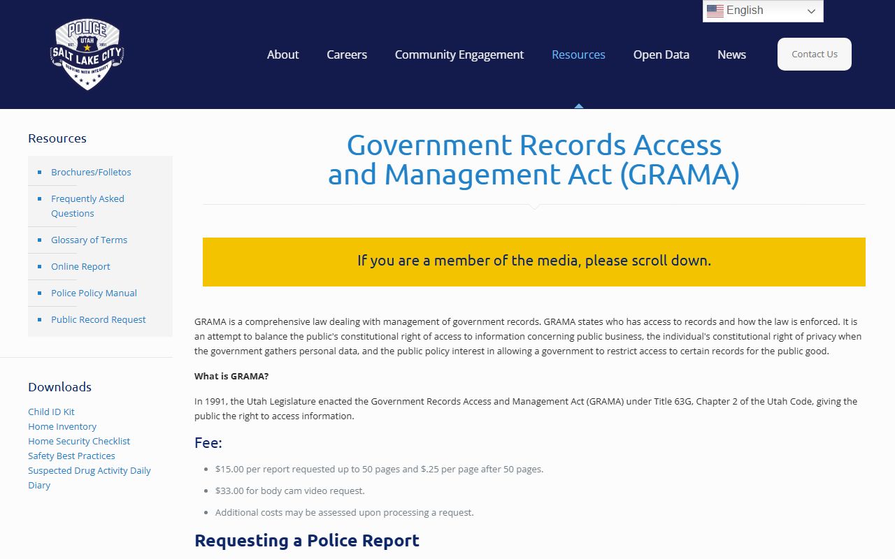 Salt Lake City Police Department GRAMA records request page for obtaining police and criminal history records