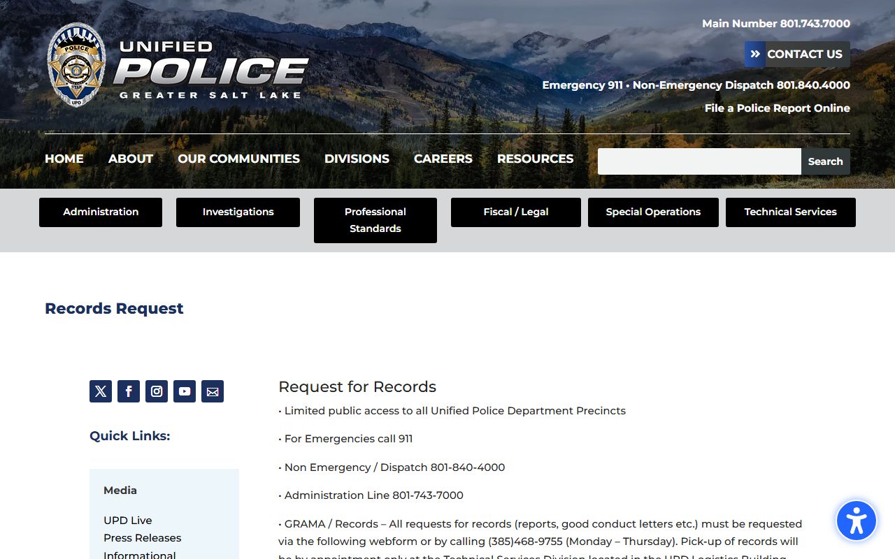 Unified Police Department of Greater Salt Lake records request page for criminal history and incident reports