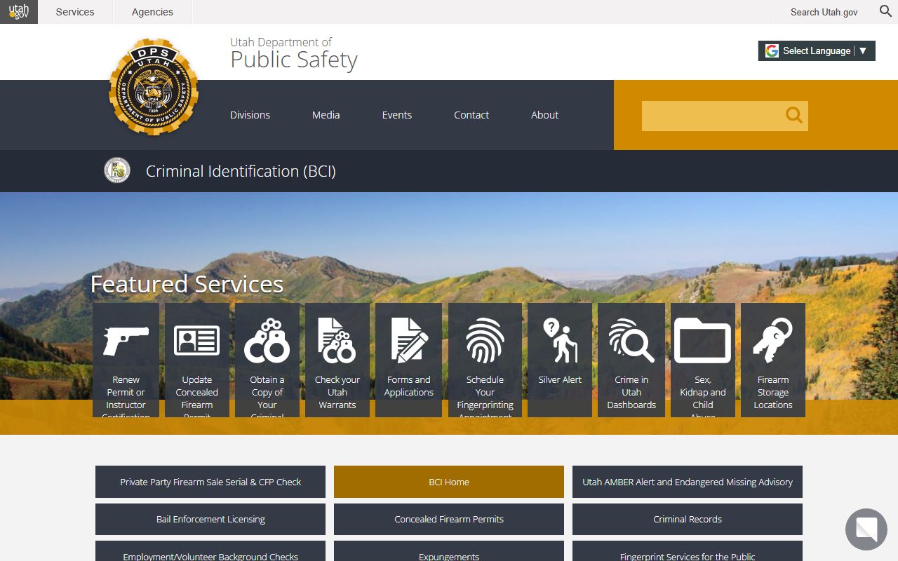 Utah Bureau of Criminal Identification BCI website showing criminal history records search options