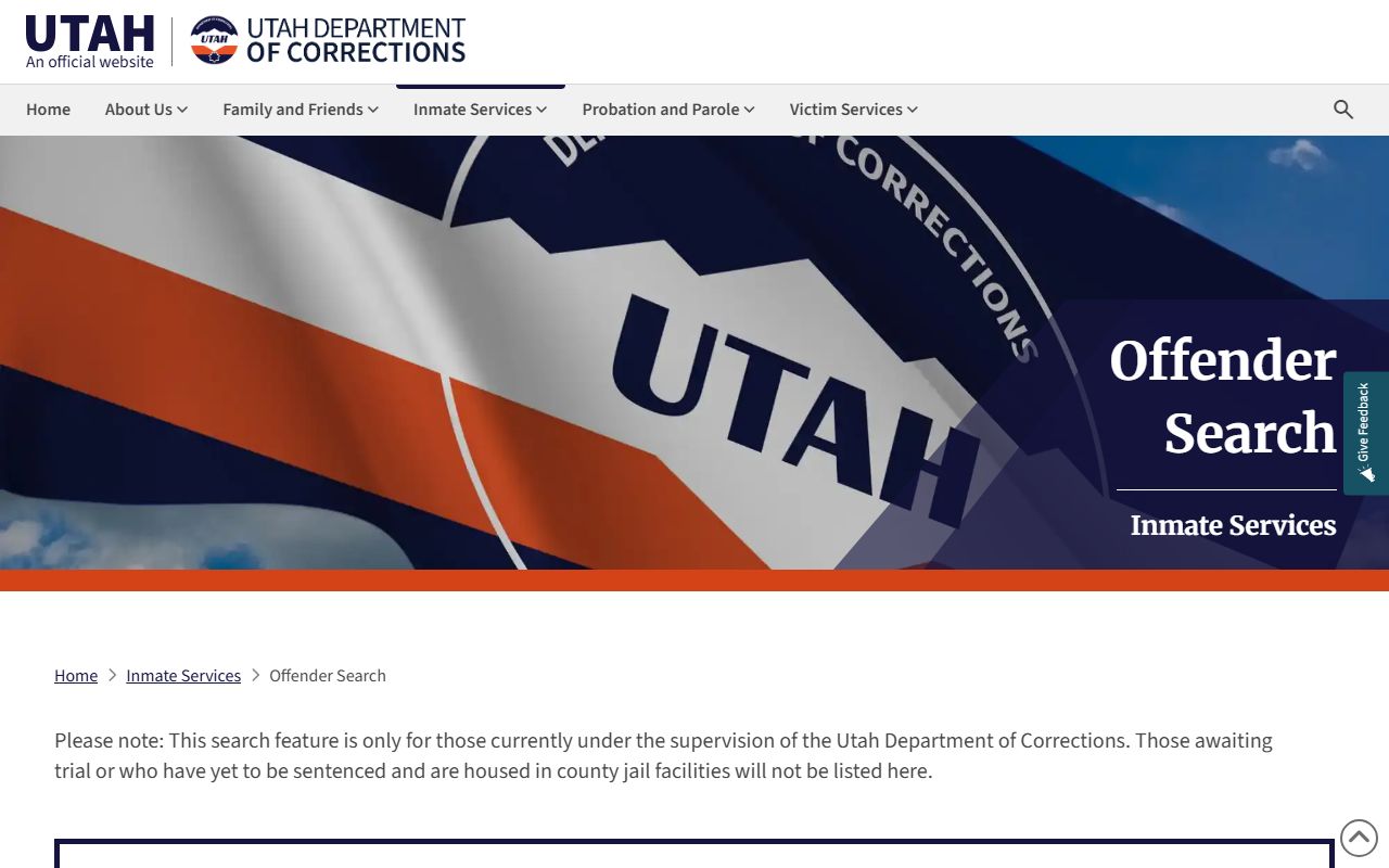 Utah Department of Corrections offender search tool showing state prison and parole criminal history records