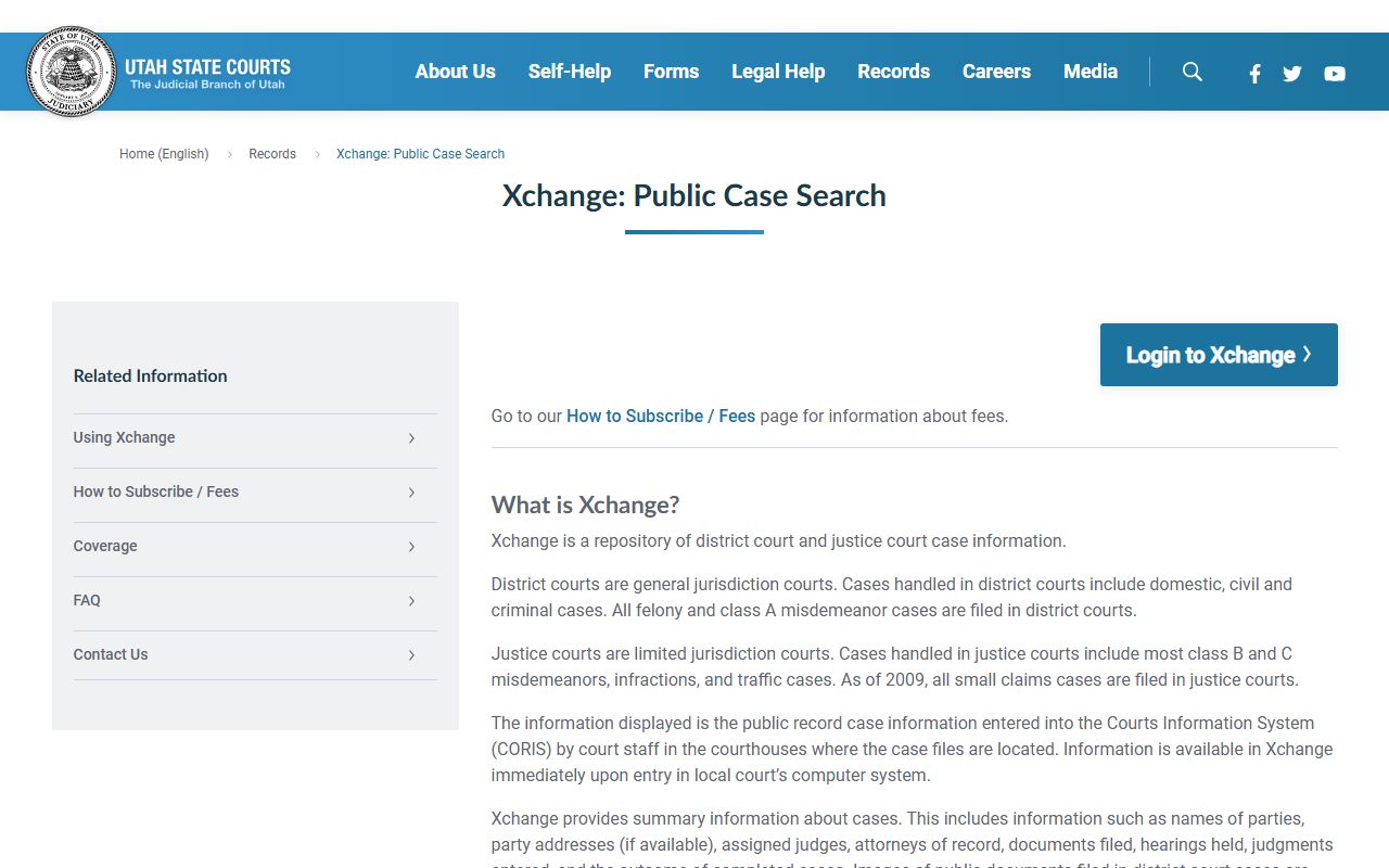 Utah State Courts XChange portal for searching criminal history records and court case data
